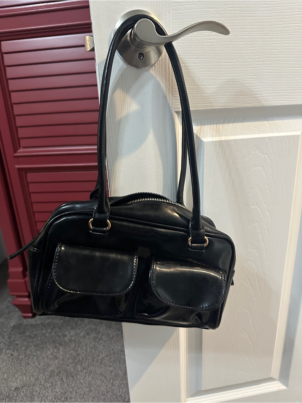 Classic Black Patent Shoulder Bag with Dual Front Pockets